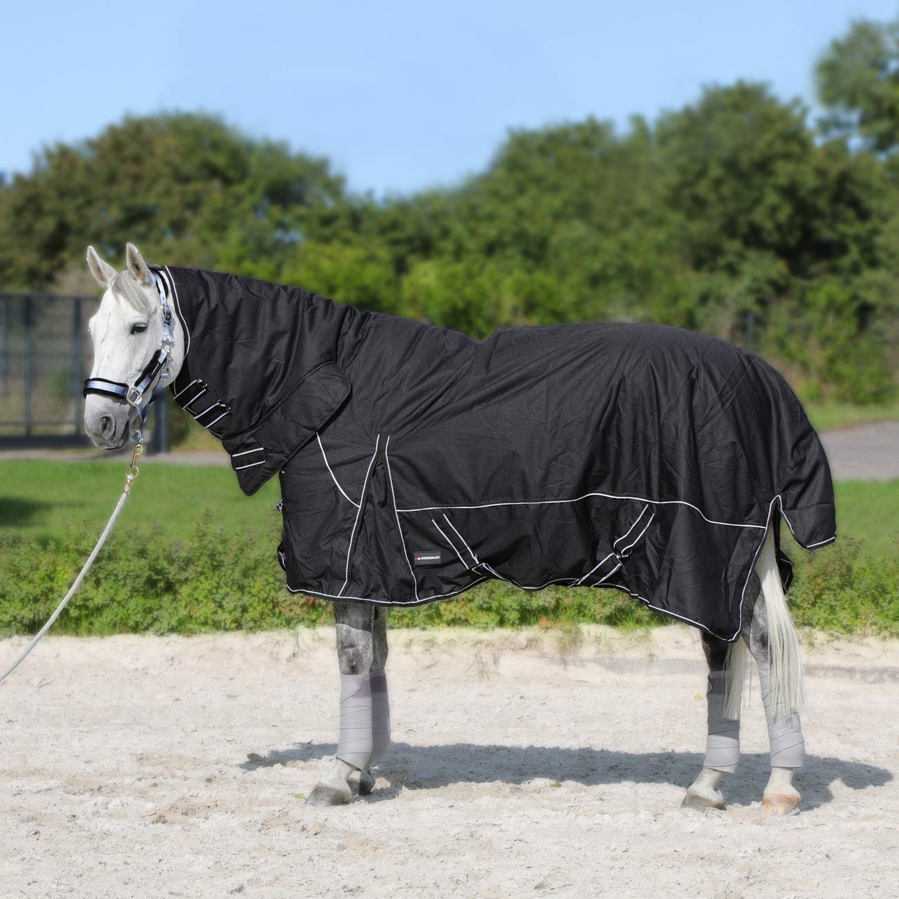Coperta per cavalli, impermeabile, per esterni, con collo e imbottitura da 300 g, 200 g, 125 cm, 300 g, colore: Nero