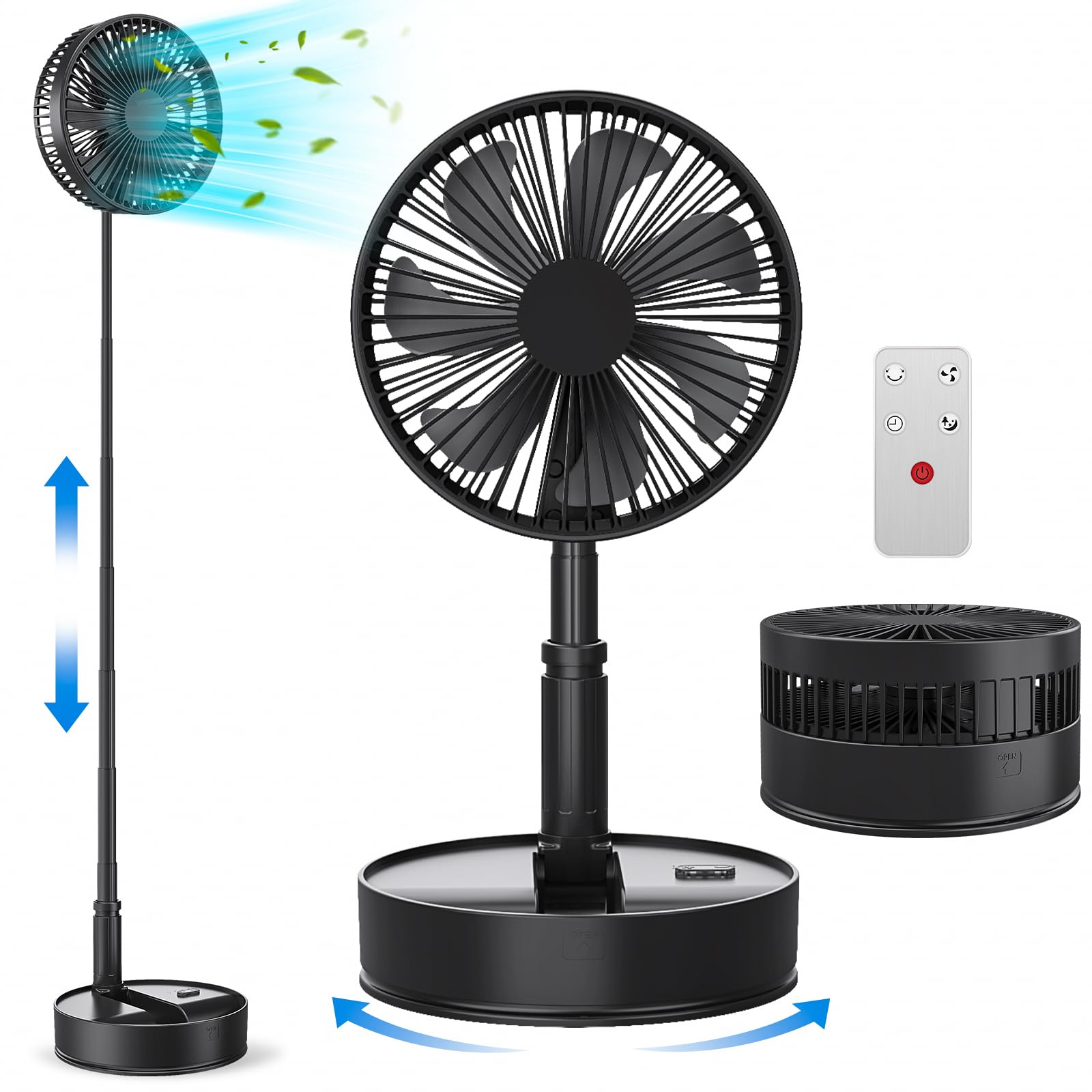 Portable Fan Rechargeable 8000mAh Silent - 8.6 Inch Foldable 12dB Oscillating Pedestal Standing Floor Fan with Remote, USB Battery Telescopic Desk Fan for Bedroom Cruise Camping Travel Hospital Black