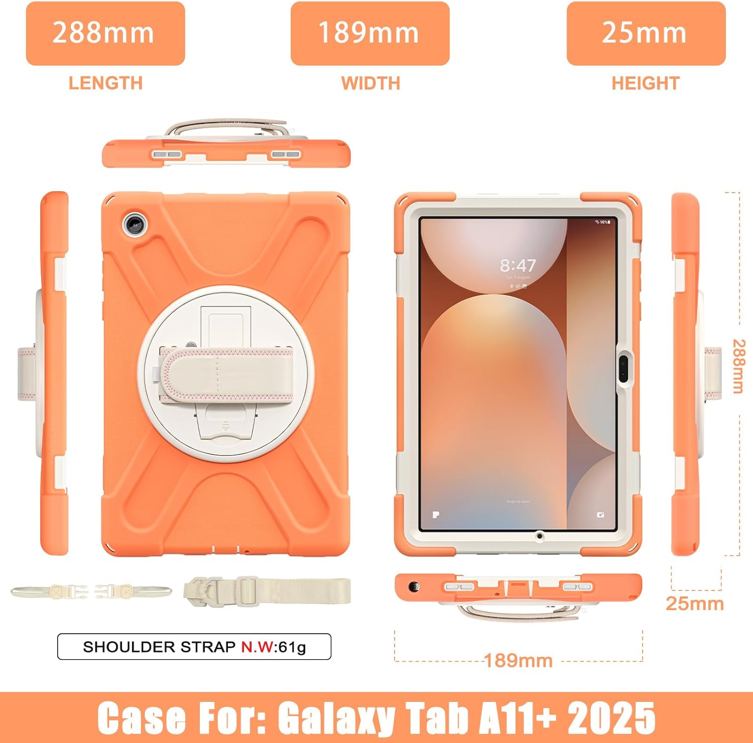 Case for Samsung Galaxy Tab A11+ Plus 11 Inch 2025 Kids Friendly, Heavy Duty Shockproof Rotating Stand with Pencil Holder and Hand Strap for Samsung Tablet (Orange, A11+ Plus 11" 2025)