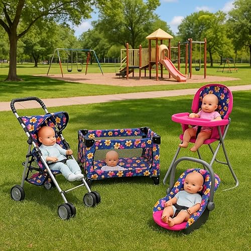 Miniatura 2 de fash n kolor El juego de 4 piezas para muñeca de bebé, diseño de flores, incluye paquete plegable y juego, cochecito de muñeca de bebé, silla alta 4