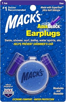 Mack's AquaBlock Swimming Earplugs, 1 Pair - Comfortable, Waterproof, Reusable Silicone Ear Plugs for Swimming, Snorkeling, Showering, Surfing and Bathing (Purple)