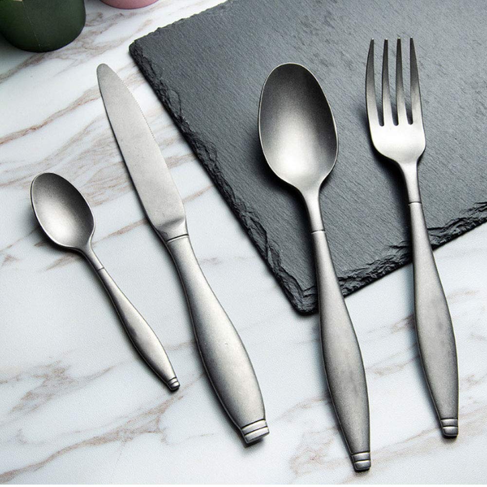 Besteckset 16-teiliges Edelstahl-Titanbeschichtetes Besteck-Set für 4 Personen, Mattes Silbergeschirr, Geschirr-Set mit Messer/Gabel/Löffel/Teelöffel, Retro-Design,Silber (Silber)
