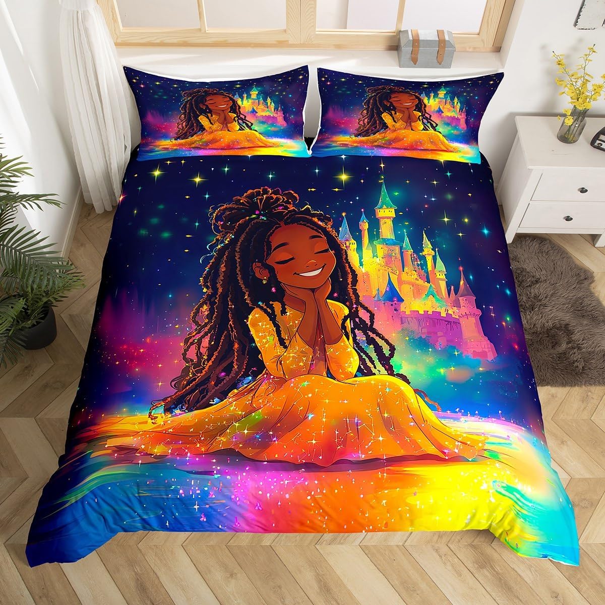 jejeloiu Kids Cute Black Girl Comforter Cover Set Toddler Size African American Girl Bedding Set for Boys Girls Princess Theme Duvet Cover Bedspread Cover Quilt Cover,No Stuffing（No Glitter）