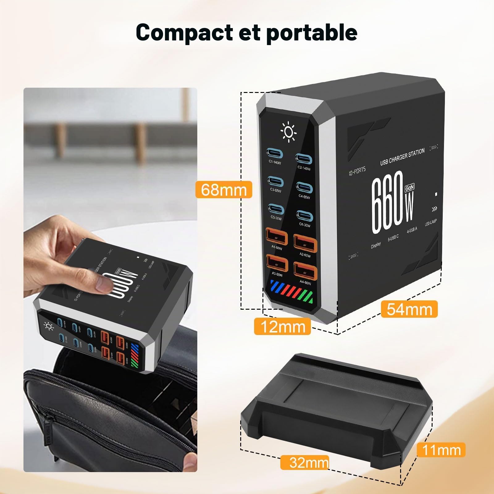 660W Station de Charge - Chargeur Rapide à 10 Ports avec 6 Ports USB C + 4 Ports USB A, Caricatore USB Multiplo Compatible avec MacBook, iPad, iPhone séries 16/15/14, Galaxy S22/ S20, Dell, HP