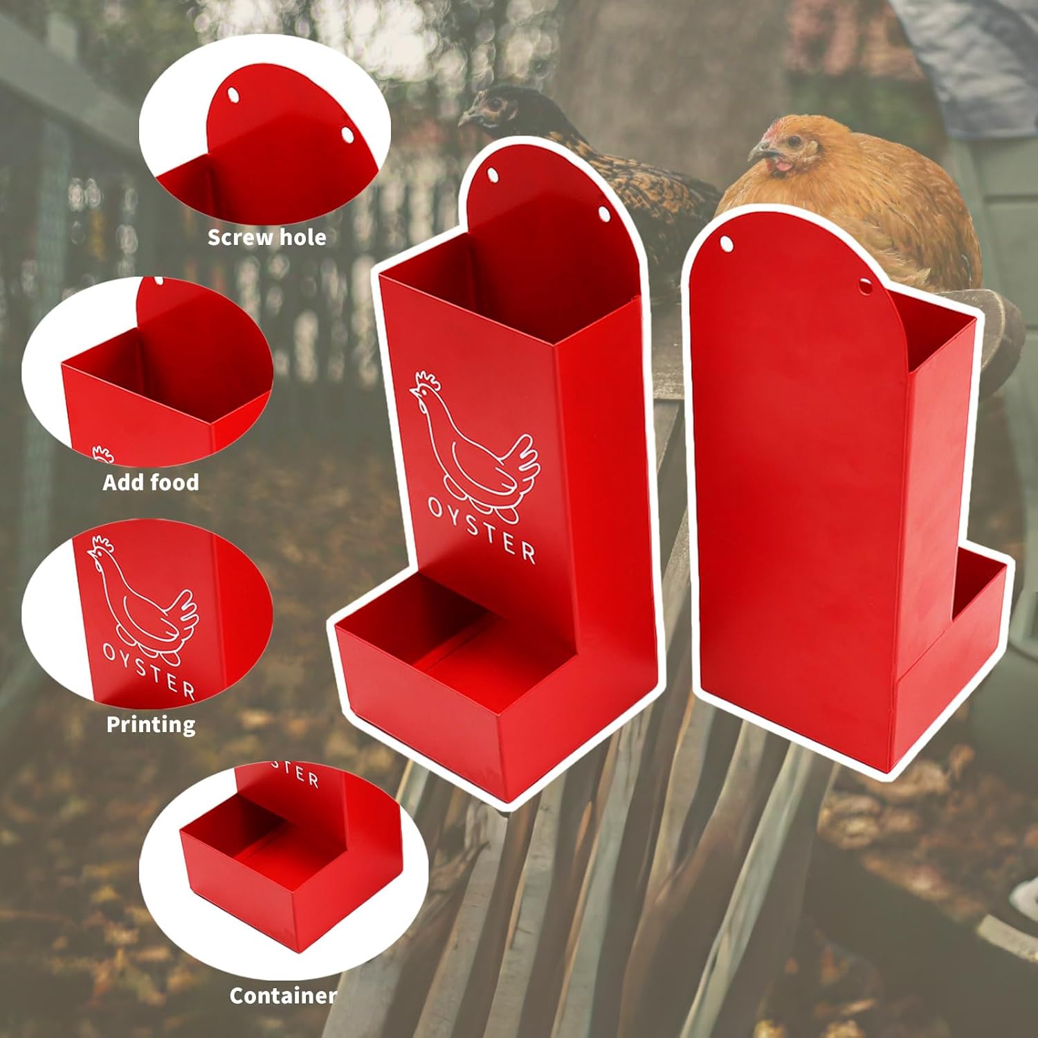 Chicken Coop Accessories, 2 Pack Red Metal Grit and Oyster Shell Feeder with Screw and Plastic Cable Tie, Chicken Feeder for Hen, Duck, Geese, Turkey and Other All Poultry