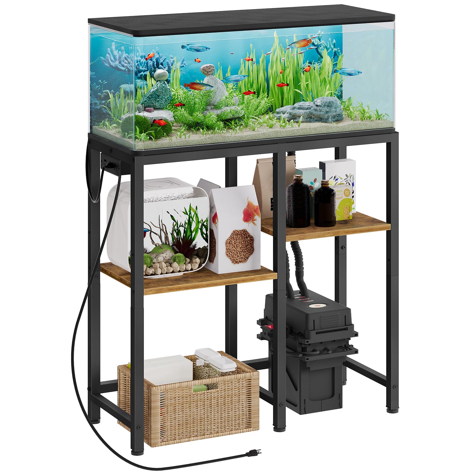 YATINEY FT01UBR Support d'aquarium avec prise de courant, support de rangement pour aquarium, support de terrarium robuste pour salon, bureau à domicile, noir et marron rustique