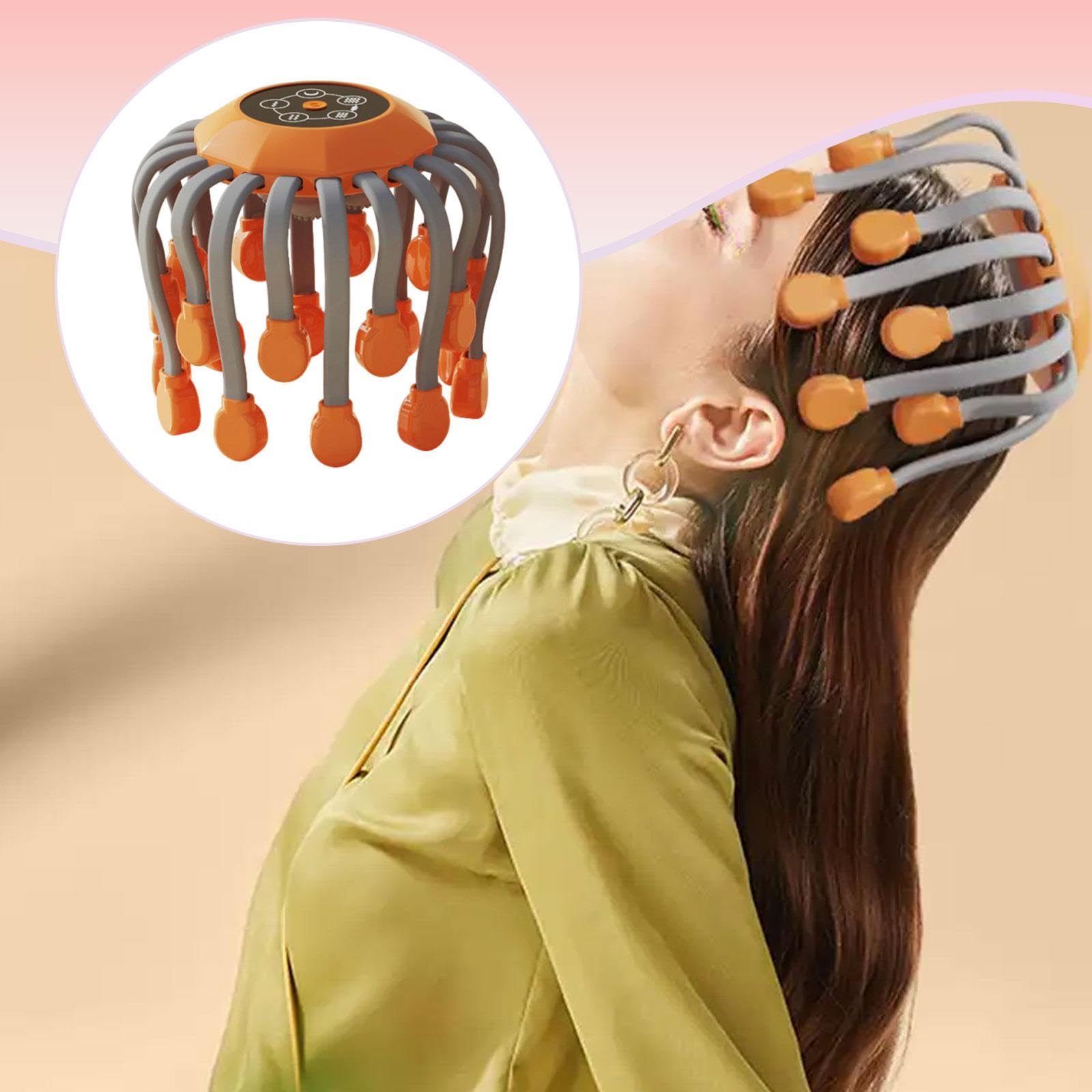 Masajeador de Cabeza Eléctrico con Control de Intensidad Y Modos Variables Diseño Portátil de Pulpo Masaje Escalp Y Relajación Apto para Hombres Y, Naranja