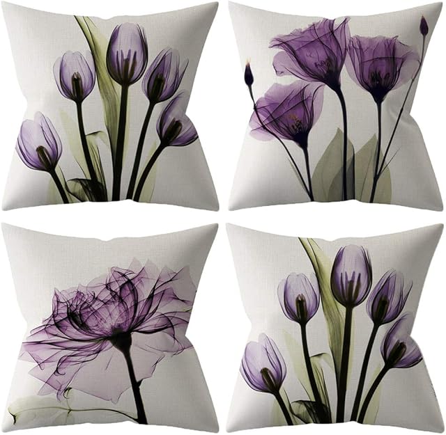 BCKAKQA Decorative Throw Pillow Covers 18x18 inches Set of 4 Purple Flower Cushion Covers 45cm x 45cm Boho Linen Square Throw Pillow Cases for Living Room Sofa Couch Bed Pillowcases