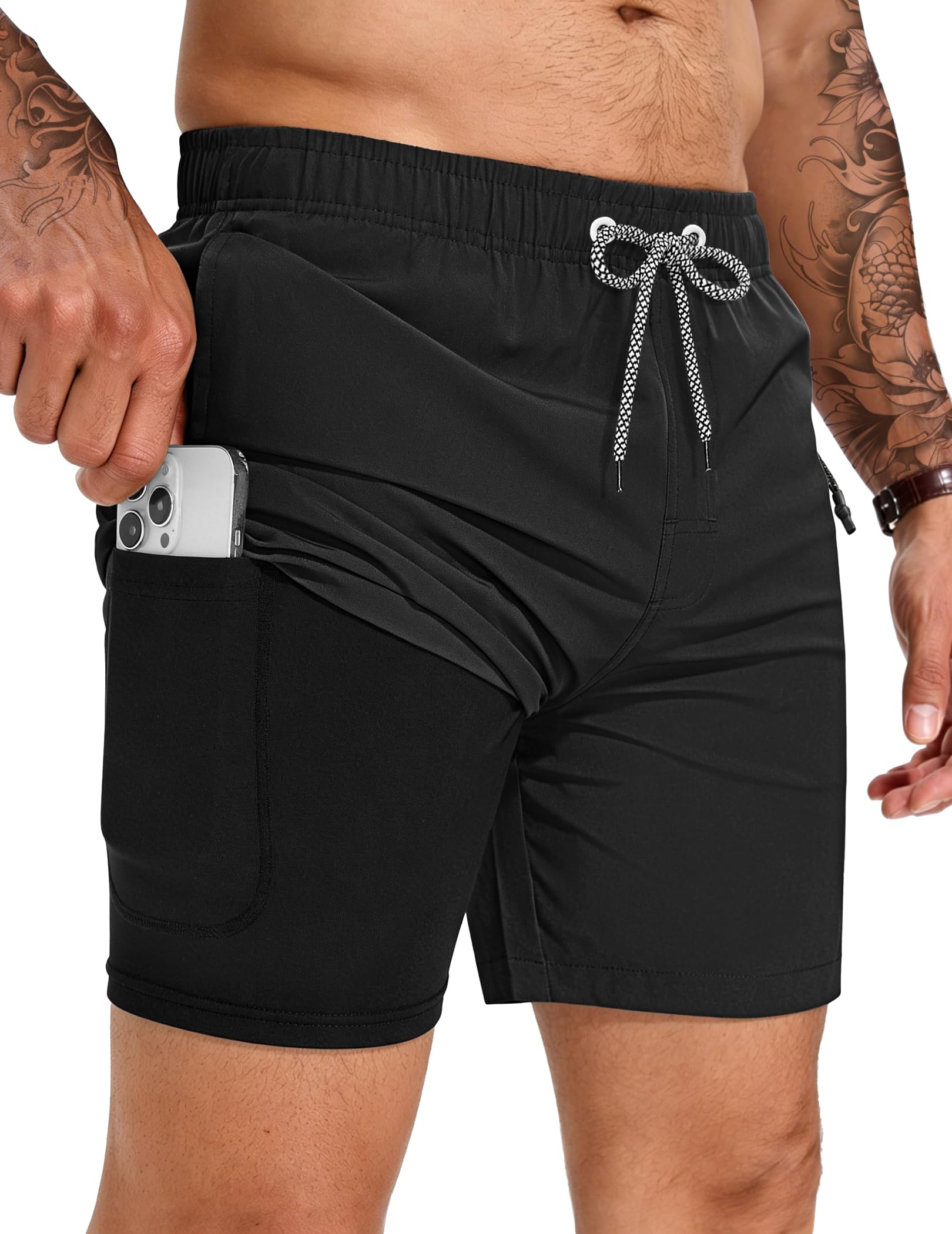 TARAINYA Badehose Herren Zipper Badeshorts 2 in 1 Kompression Liner Schnelltrocknend Atmungsaktiv mit Kordelzug für Strand Schwimmen Urlaub M-4XL