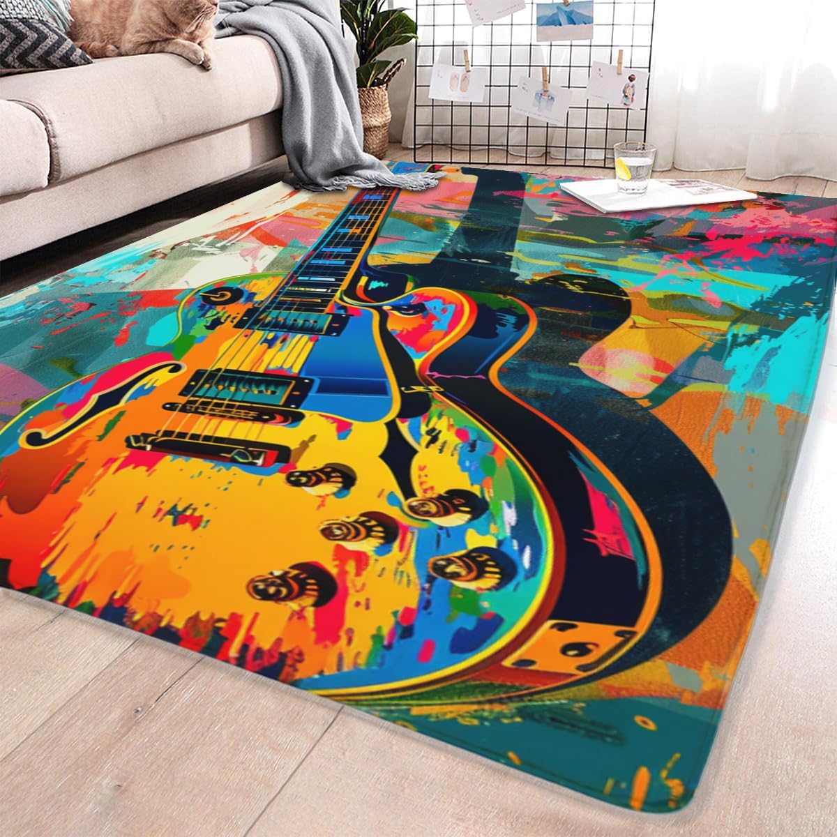 Graffiti colorful music guitar rug, non-slip washable decorative rugs suitable for living room entrance laundry room indoor living room bedroom office decoration, easy to care and durable 5' x 6'8''