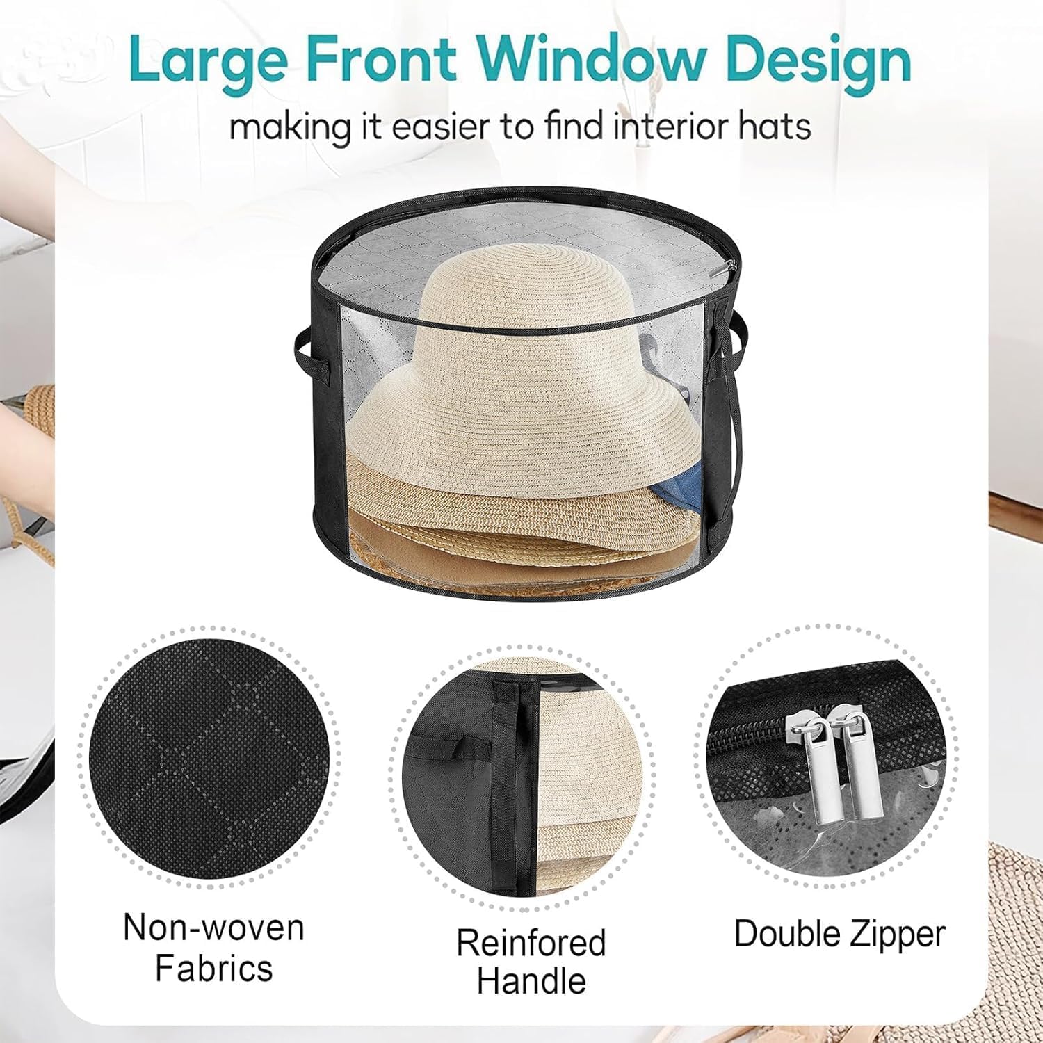 2Pcs Clear Oversized Hat Storage Bag for Women,Cowboy Hat Wide Brims Hat Organizer,Wide Brims Hat Box with Carrying Handles, Foldabletravel Hat Boxes Storage Baseball Cap,Black