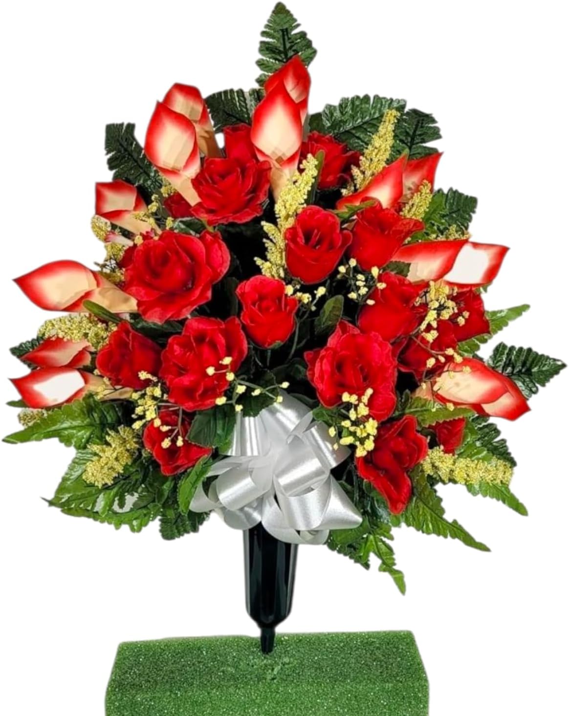 Realistic Artificial Cemetery Flowers - Jumbo Silk Faux Floral Red Rose and Calla Lily Bouquet for Grave - 1 Large Headstone Decoration - Memorial Flowers