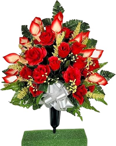 Realistic Artificial Cemetery Flowers - Jumbo Silk Faux Floral Red Rose and Calla Lily Bouquet for Grave - 1 Large Headstone Decoration - Memorial