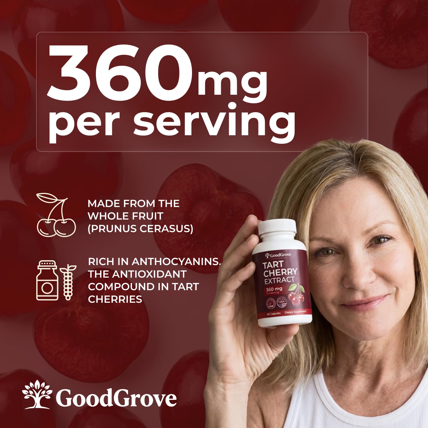 Montmorency Tart Cherry Capsules - Cold Pressed Tart Cherry Extract, 360mg Per Serving - Joint & Uric Acid Support - Vegan, Non-GMO, Gluten Free - 60 Count — Amazon image 4