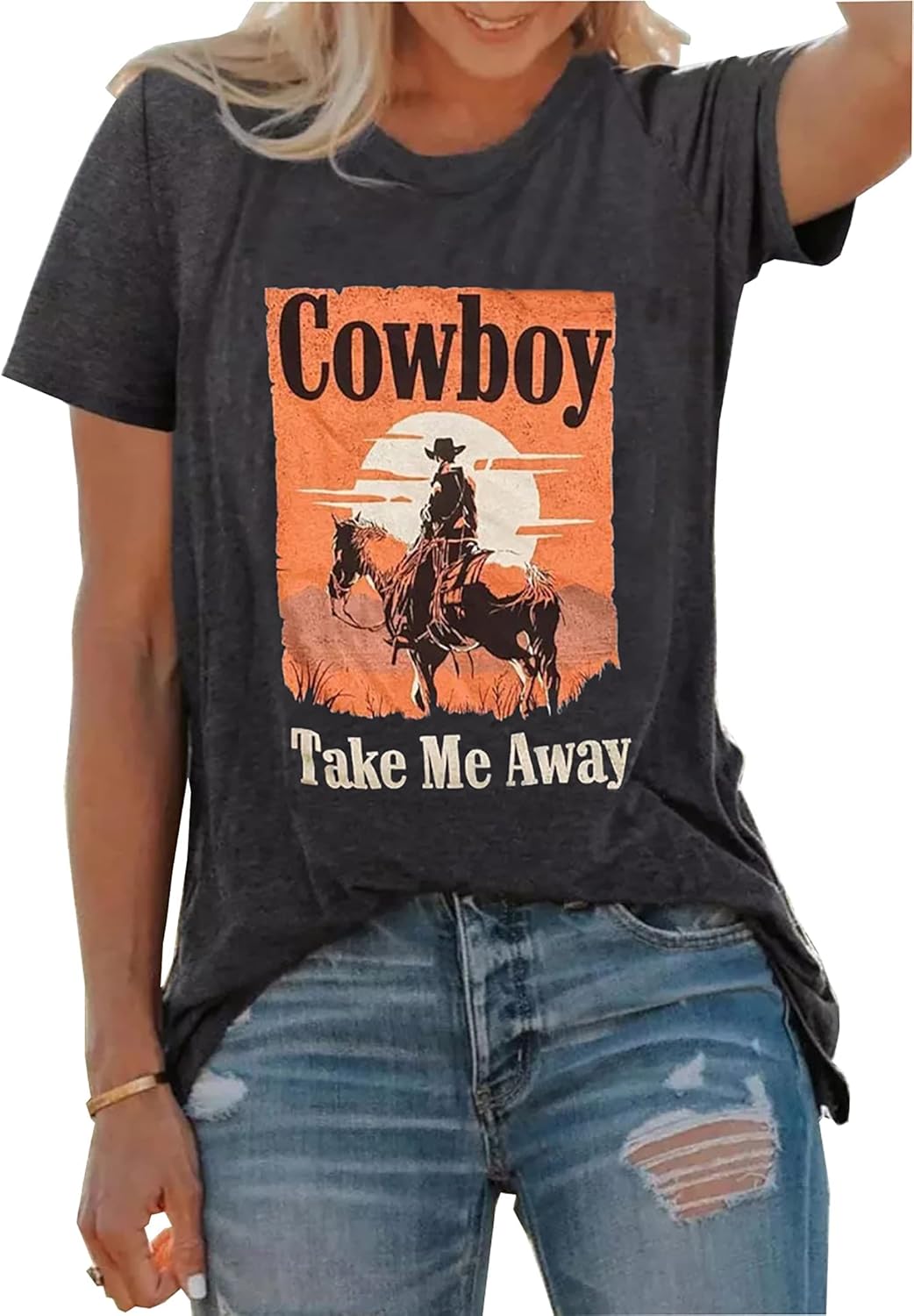 Cowboy Take Me Away T-Shirt for Women Country Cowboy Vintage Tees Tops Cowgirl Letter Print Gift T-Shirt