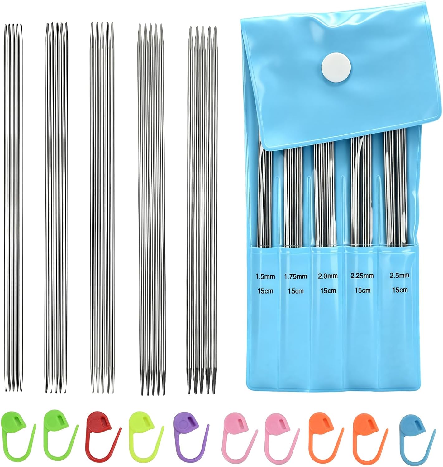 Double-Pointed Knitting Needle Set, 6 inches (15 cm), 5 Sizes (1.5/1.75/2.0/2.25/2.5 mm), 5 Needles per Set, Suitable for lace Knitting and fine Sock Knitting