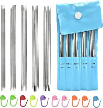 Double-Pointed Knitting Needle Set, 6 inches 15 cm, 5 Sizes 1.5/1.75/2.0/2.25/2.5 mm, 5 Needles per Set, Suitable for lace Knitting and fine Sock Knitting