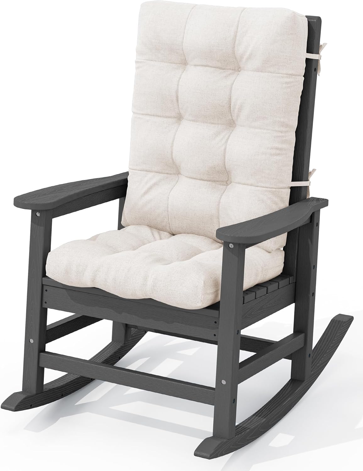 KINGYES Oversized Outdoor Rocking Chair with Cushion, All-Weather Patio Rocking Chairs, HDPE Porch Rocker for Adults, 350 lbs Capacity, Grey Chair with Beige Cushion