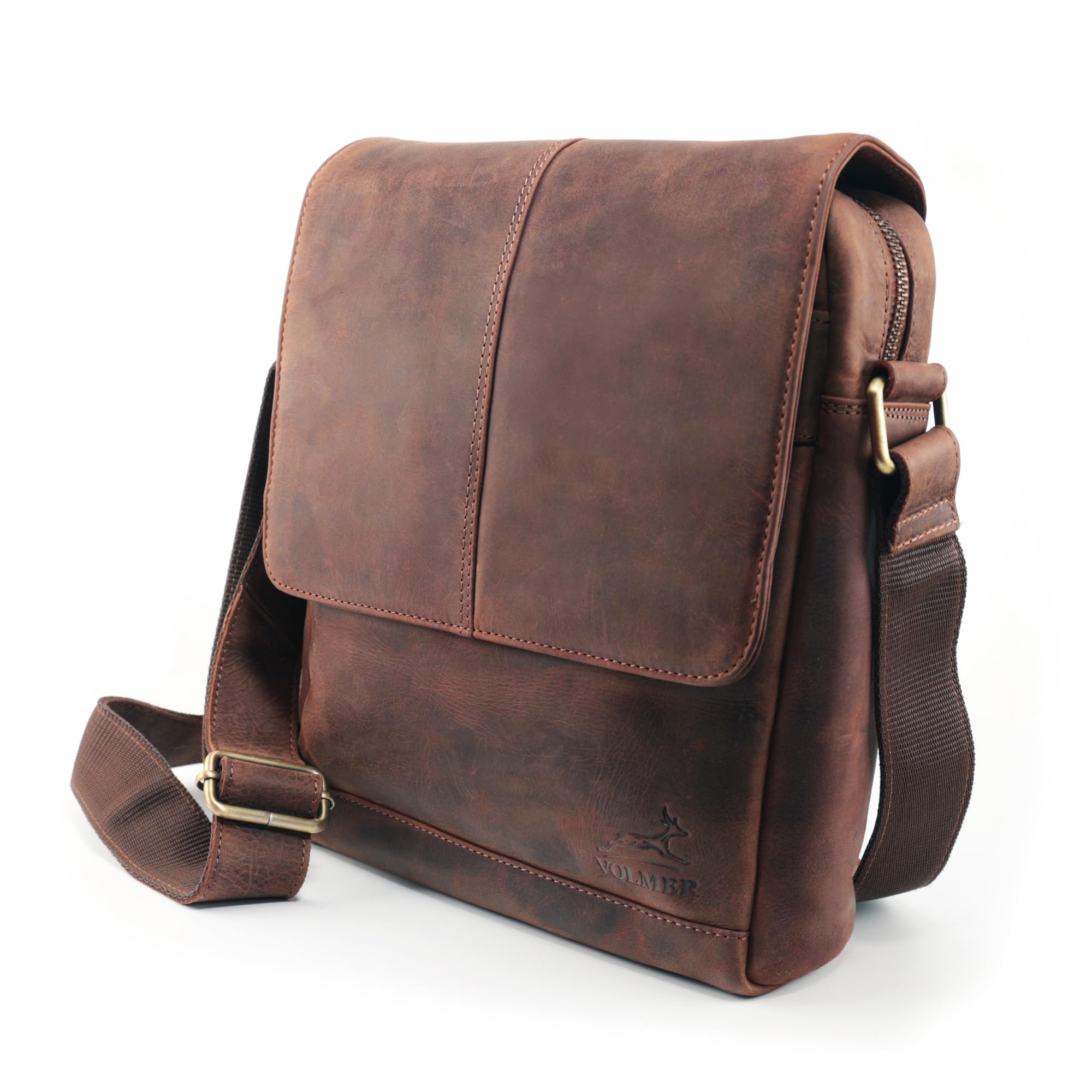Fa.Volmer ® Umhängetasche Echtleder – Handgefertigte Schultertasche & Messenger Bag für 11" Tablet, Business & Alltag