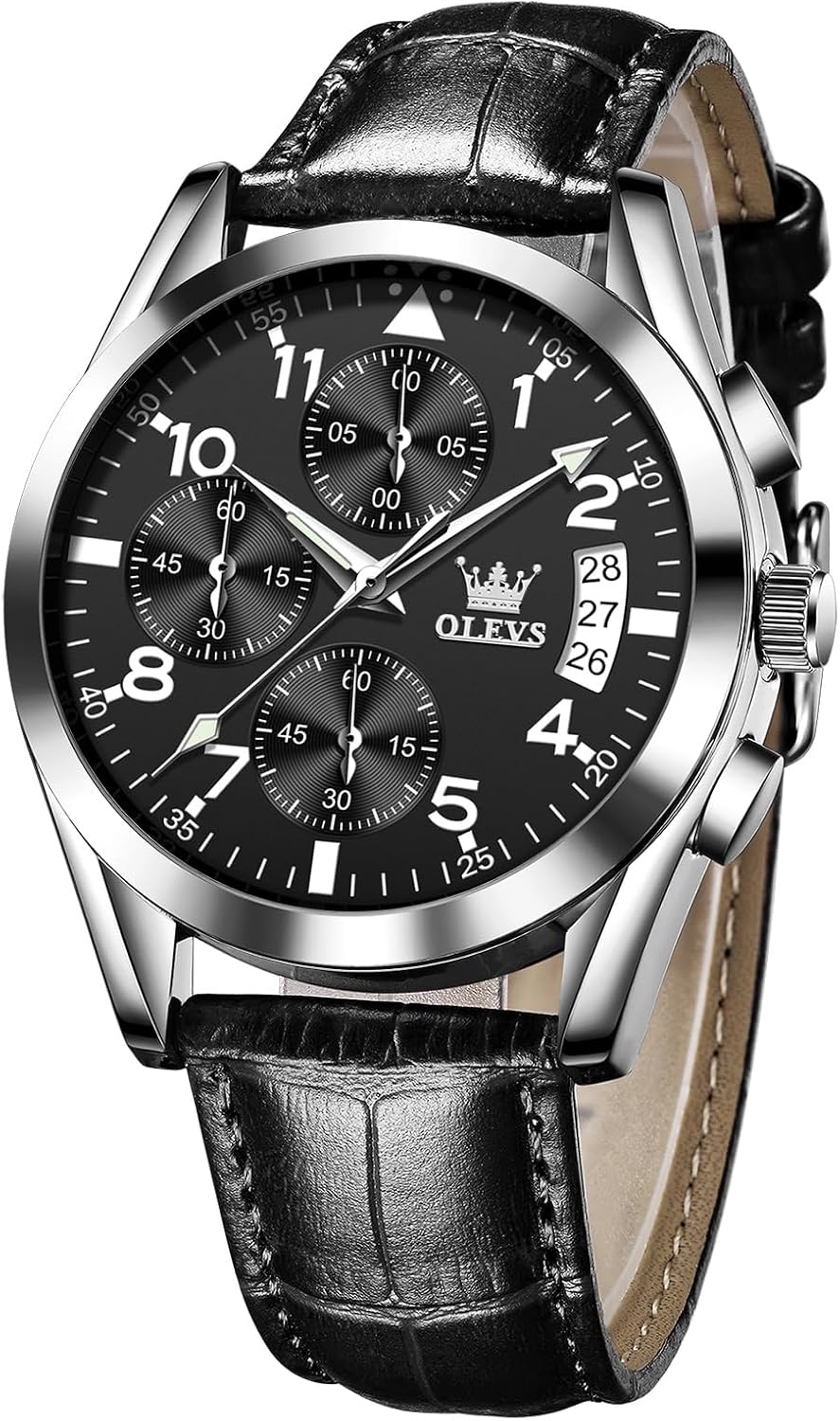 OLEVS Men's Chronograph Leather Watch, Big Face Easy to Read Analog Quartz Dress Watch, Casual Waterproof Luminous Hands Date Watches for Men, White/Blue/Black/Gold Dial