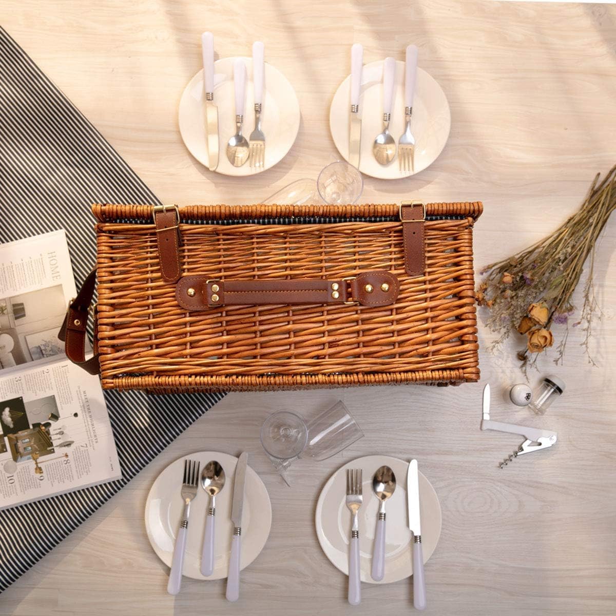 Wicker Picnic Basket for 4 with Waterproof Picnic Blanket, Large Insulated Cooler Compartment, Wine Bag,Cutlery Set,for Camping,Day Travel,Beach,Hiking,BBQ and Family/Couples Gifts