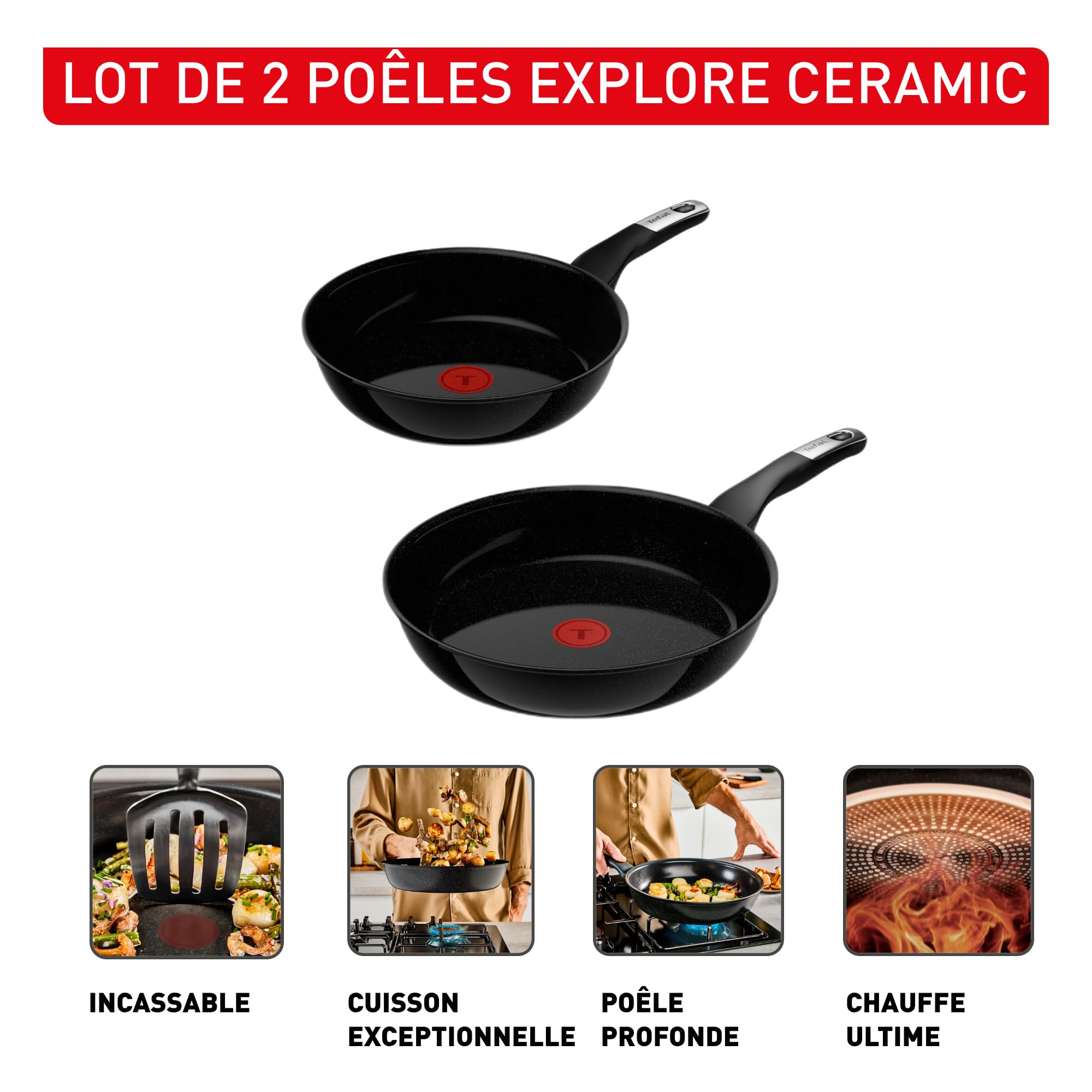 Tefal Explore Ceramic, Lot de 2 poêles 24/28 cm, Revêtement en céramique antiadhésif