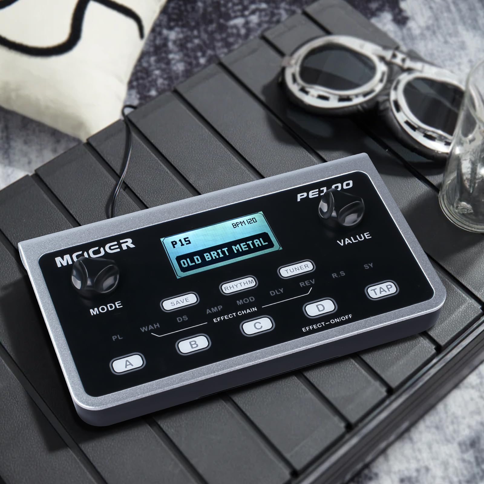 Mooer Effecteur de Guitare électrique Portable, pedale Electrique, Loop Station, effecteur Bureau Complet avec réglage la Machine à Tambour AC100-240 V PE100