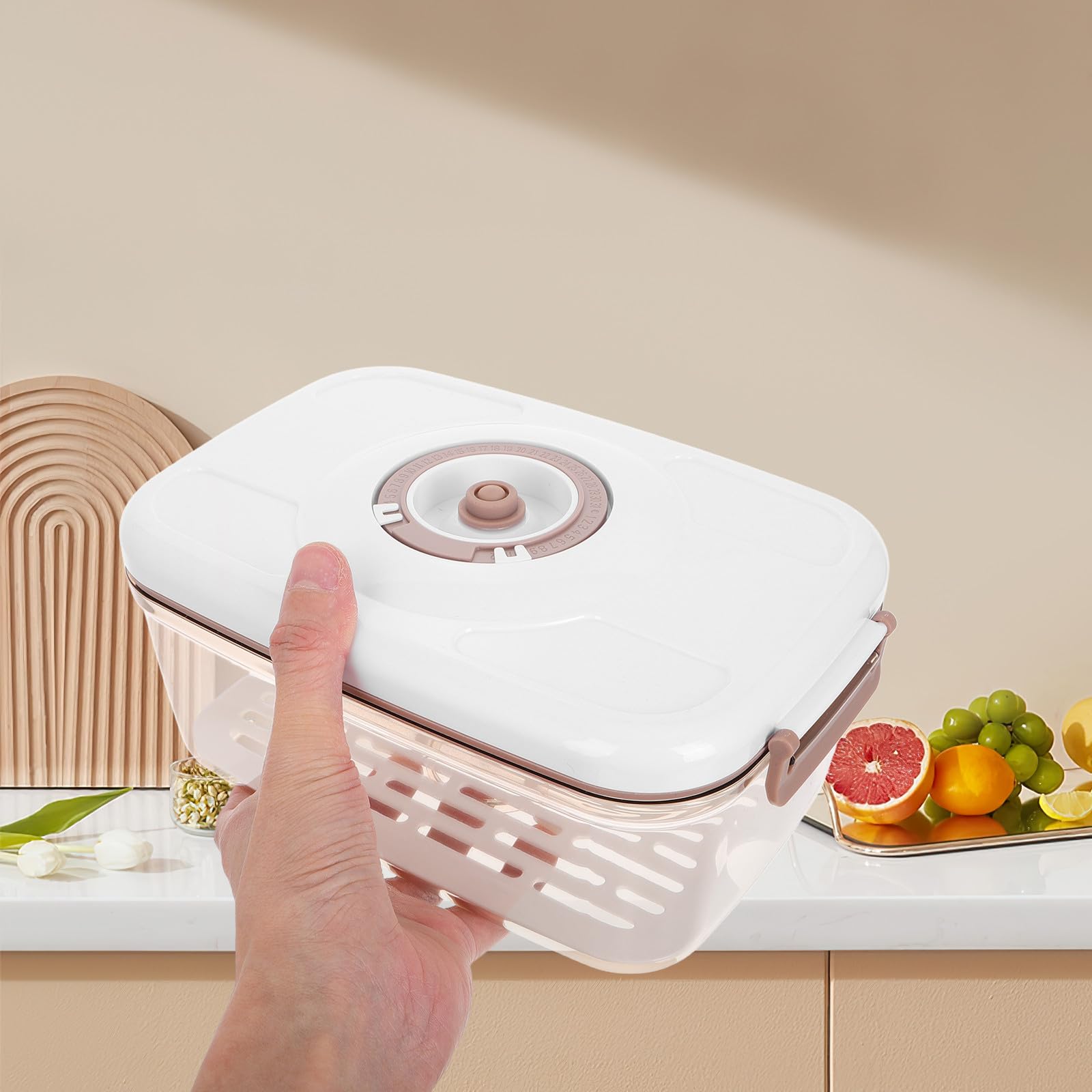 Boîte sous Vide de Conservation Alimentaire 2,1l Pompe Manuelle, Récipient Étanche pour Fruits et Légumes, Fonction Égouttoir Intégrée, Rangement la Cuisine Pratique, Machine