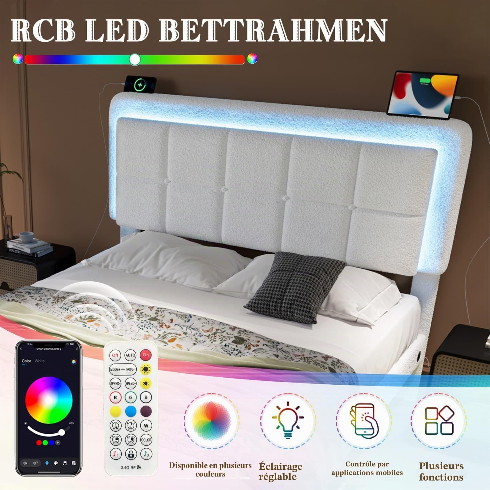 KOMHTOM Lit Rembourré en Velours Teddy avec Tiroir de Rangement, Lit LED Tête Réglable avec 2 Port USB et Type-C, Sommier à Lattes, Cadre de lit Moderne (160x200cm)