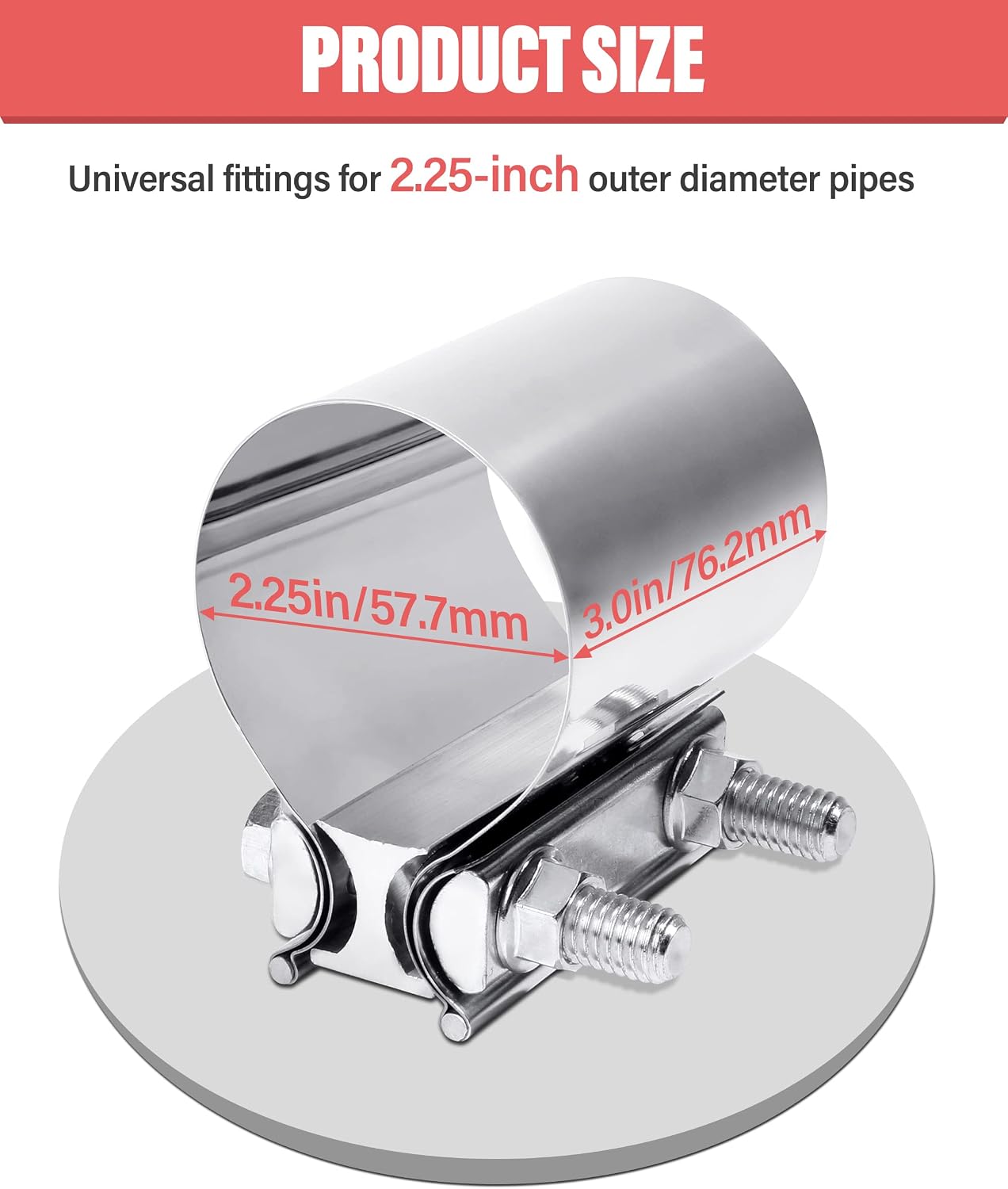Zlirfy Stainless Steel Exhaust Clamp Band, Universal Widening Butt Joint Clamp, Fit for 2.25" Exhaust Pipe