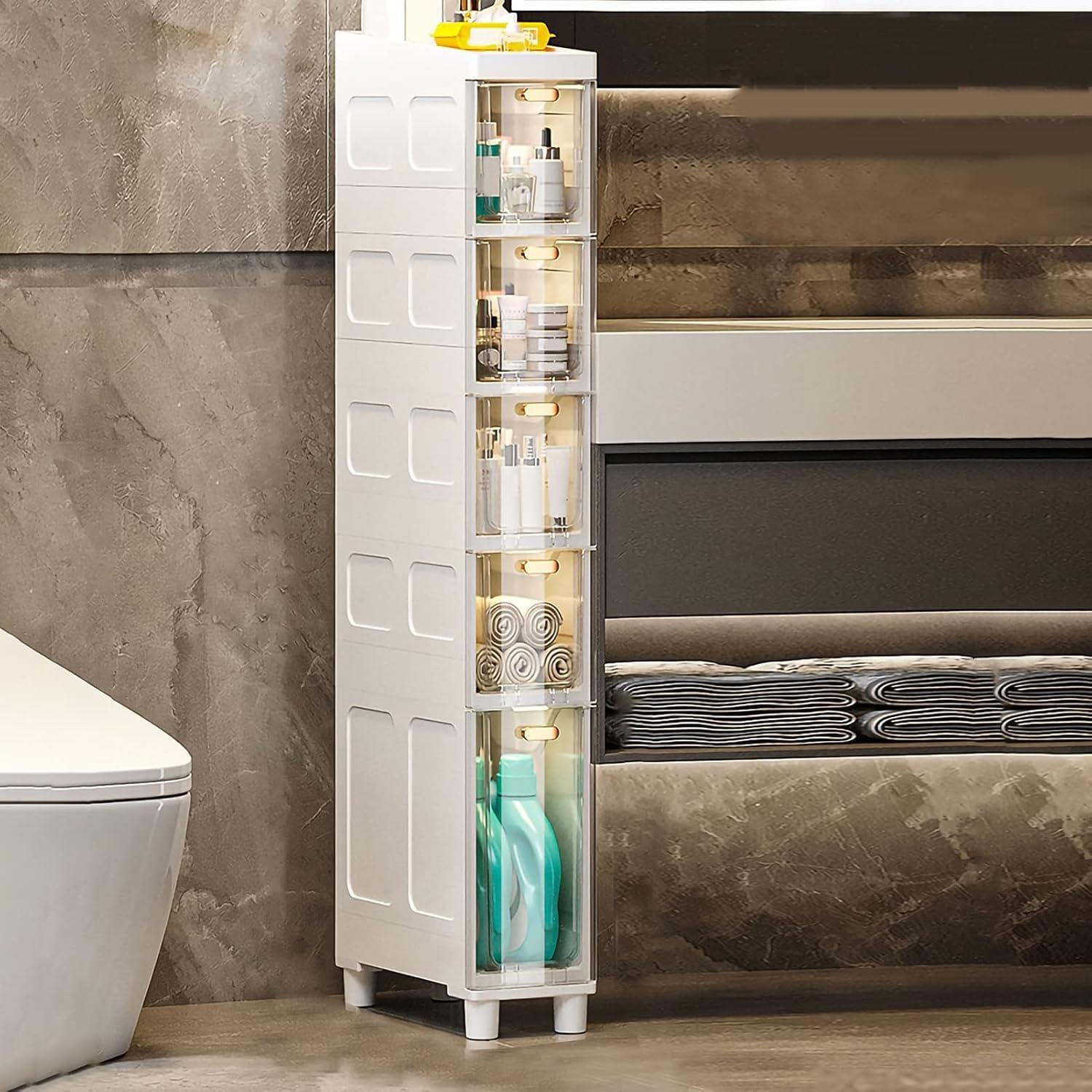 RDWQDGJG Slim Narrow Tall Floor Cabinet with Plastic Drawers and Casters for Small Spaces 3/4/5 Tier Side Cabinet for Sturdy Toilet Paper Storage (Transparent White)