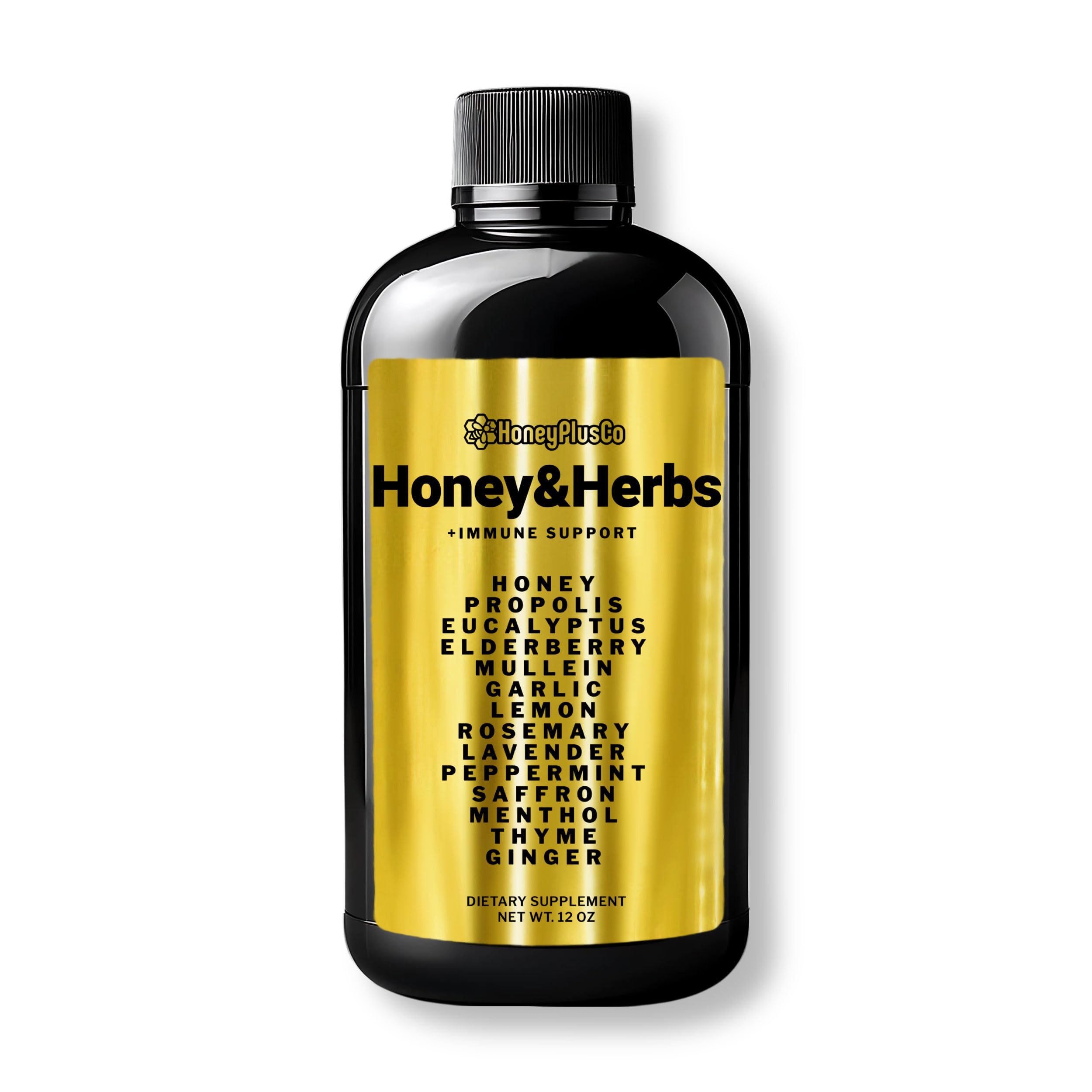 HoneyPlusCo | Honey&Herbs - Natural Honey Cough & Cold Relief +Immune Support - BroncoHoney (Reinforced with Propolis, Garlic, Lemon, Mint, Eucalyptus & More for Cough, Cold, Allergy) - 12 Oz