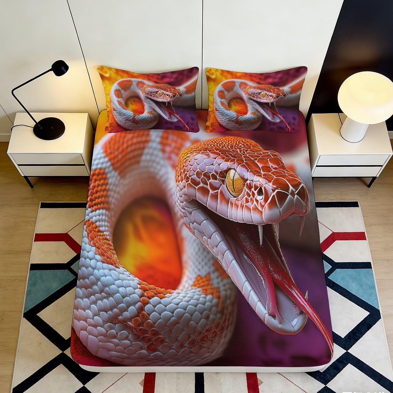 3D Printed Orange Snake Fitted Sheet Microfiber Soft Mattress Cover for Bedroom Dorm Artistic Decor 115 140x200x25cm