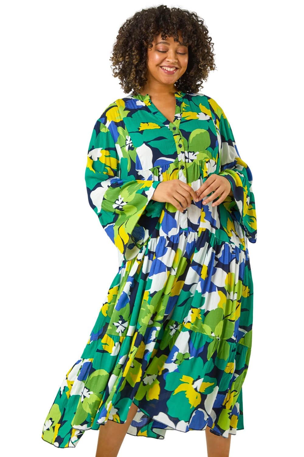 Roman Originals Women's Green Aztec Print Tiered Midi Smock Dress For Uk - Everyday Holiday Spring Summer Notch Neckline Comfy Soft Evening Vacation Work Party - Lime Plus - Size 20