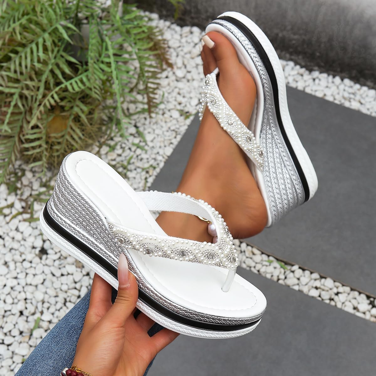 Sandali da donna con zeppa con strass, infradito da donna, casual, con punta aperta, senza lacci, con plateau, tacco a zeppa con strass, scarpe da festa di nozze