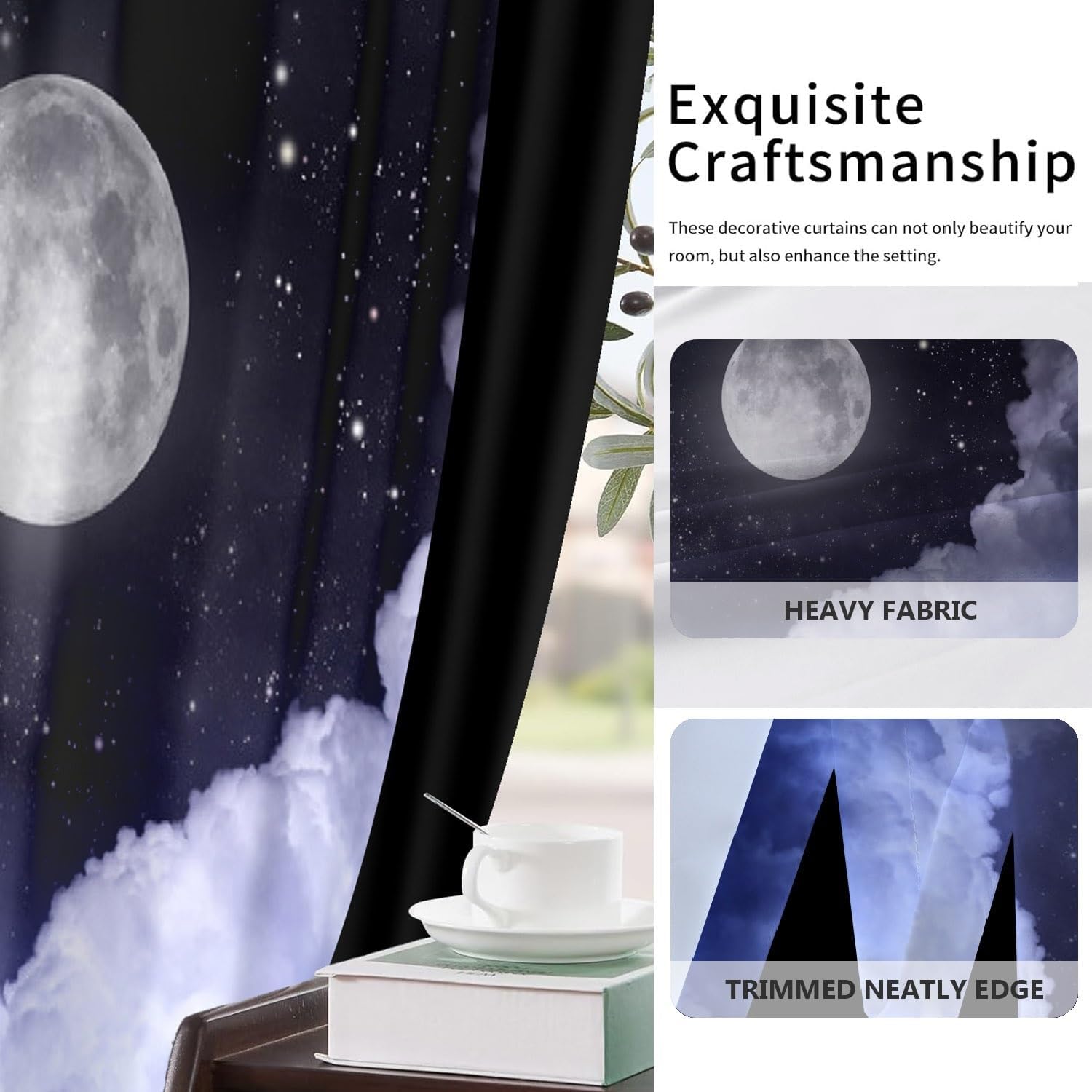 Moon Curtains Black Night Sky Starry Stars Full Moon and Clouds Printed Window Drapes for Kids Bedroom Nursery Living Room Kitchen Grommet Blackout Window Curtains 2 Panel Set,42x84inch