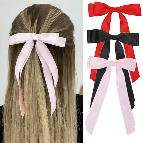 Miniatura 10 de Lazos para el cabello para mujer, 3 piezas de cinta grande para el cabello, pinzas para el pelo con lazo, lazos de coqueta, borlas de cola larga,