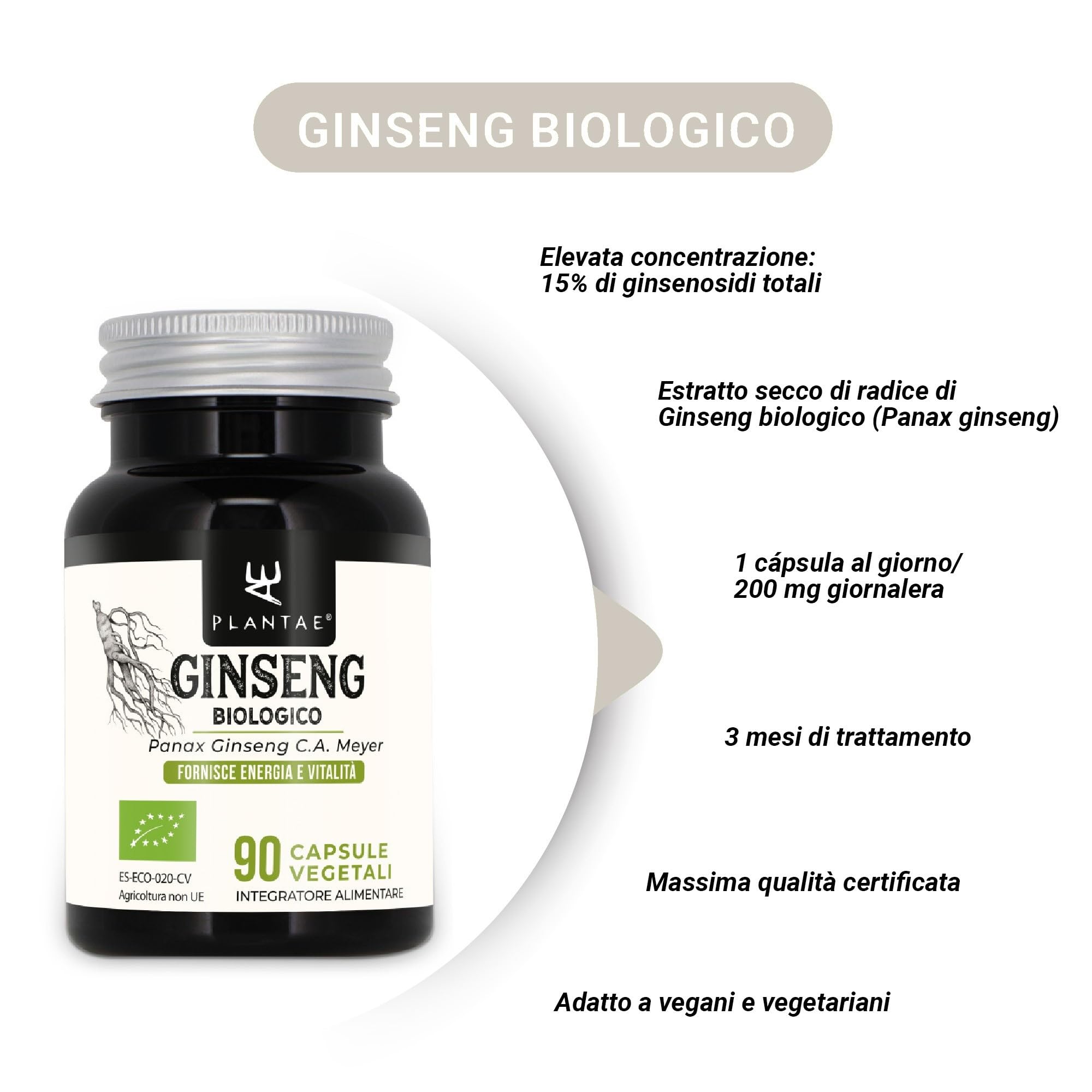 GINSENG BIO * 200 mg / 90 capsule * Titolato al 15% di ginsenosidi totali * Cardiovascolare, Energia, Equilibrio emozionale, Vitalità