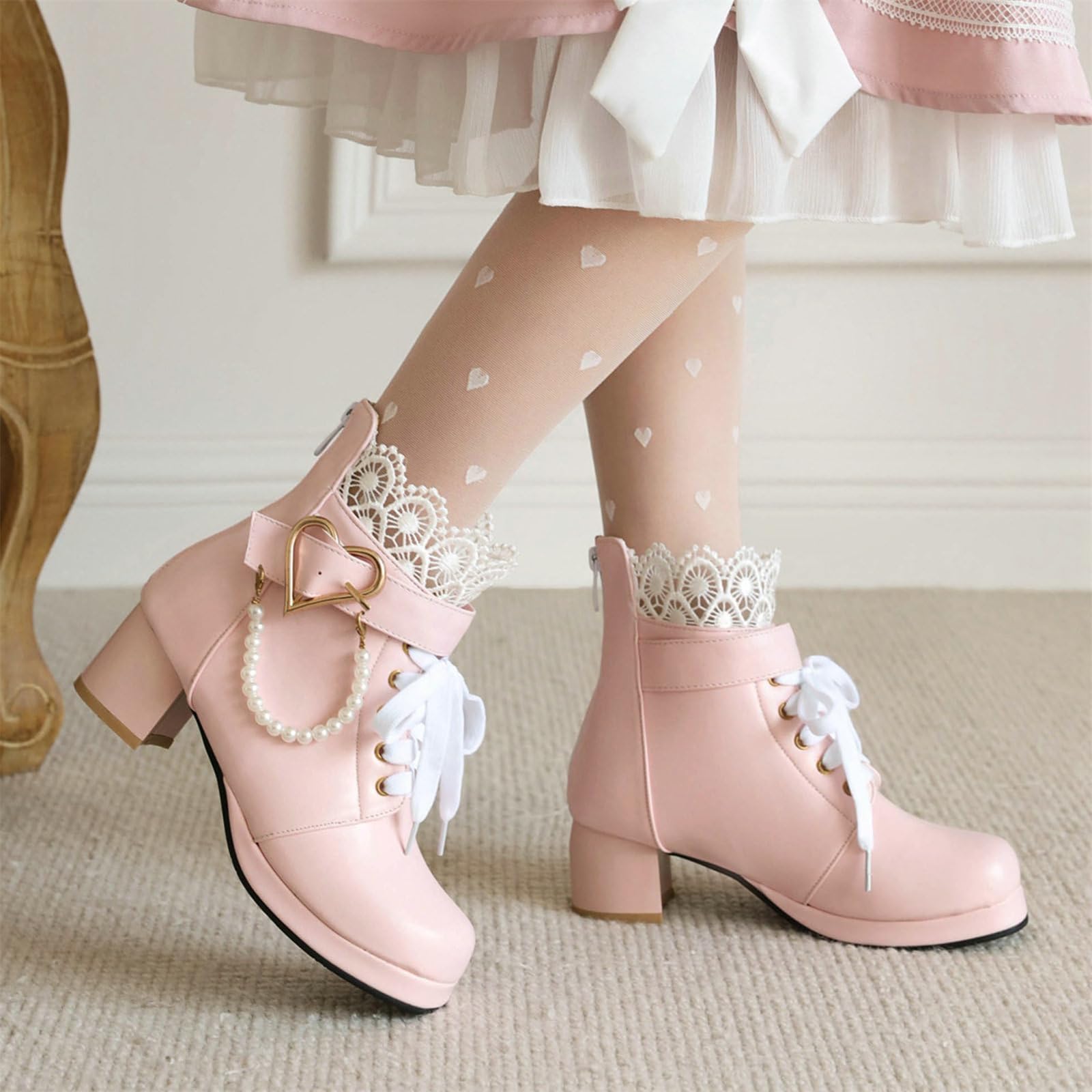 ZKXYFFS Women's Mary Janes Shoes Platform Chunky Heel Ankle Boots Gothic Cosplay Booties Strappy Bow Lace Party Dress Pumps Shoes Pink