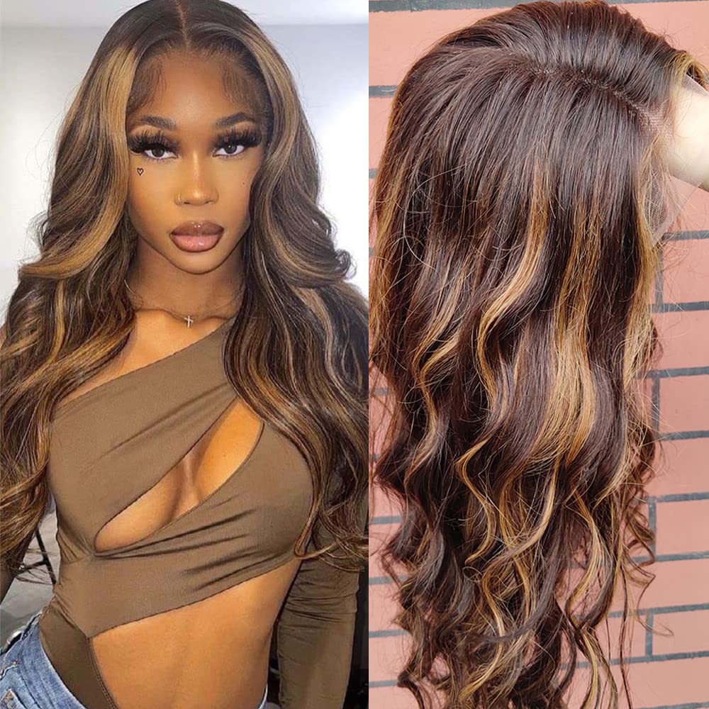 Honey Blonde 13x6 Lace Front Wigs Human Hair 4/27 Ombre Highlight Body Wave Transparent HD Lace Front Wig for Black Women Pre Plucked with Baby Hair 150% Density 14 Inch