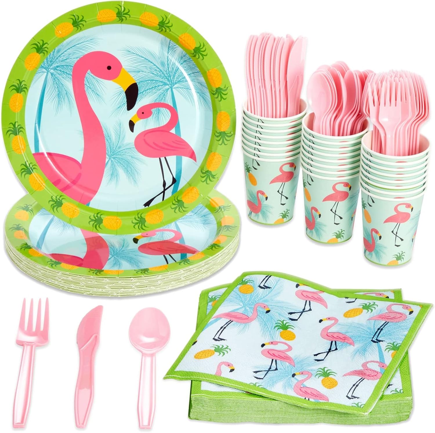 144-Piece Pink Flamingo Birthday Party Supplies, Paper Plates, Napkins, Cups, Cutlery for Summer Hawaiian Themed Party, Girl Baby Shower Decorations (Serves 24 Guests)
