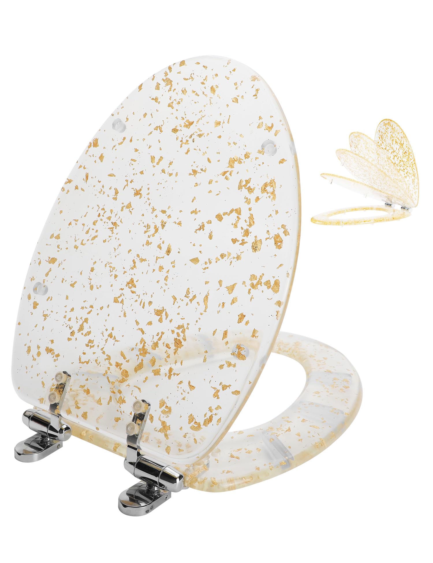angol shiold elongated gold resin toilet seat soft close quick release adjustable hinges easy clean heavy duty toilet seats decorative acrylic seats (19 inch, gold foil, upgraded hinge)