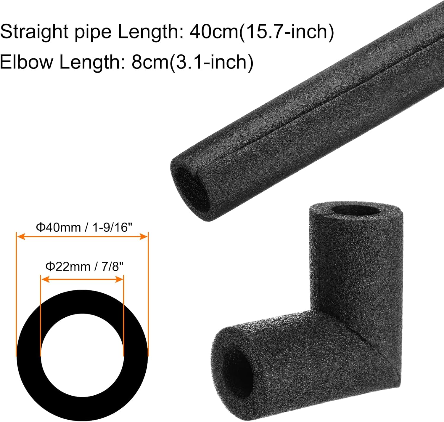 24pcs pipe elbow insulation foam tube 7/8" id x 1 9/16" od 16" 3" heat preservation foam pipes [for copper water pipe freeze protection] - 22mmx40mm / black