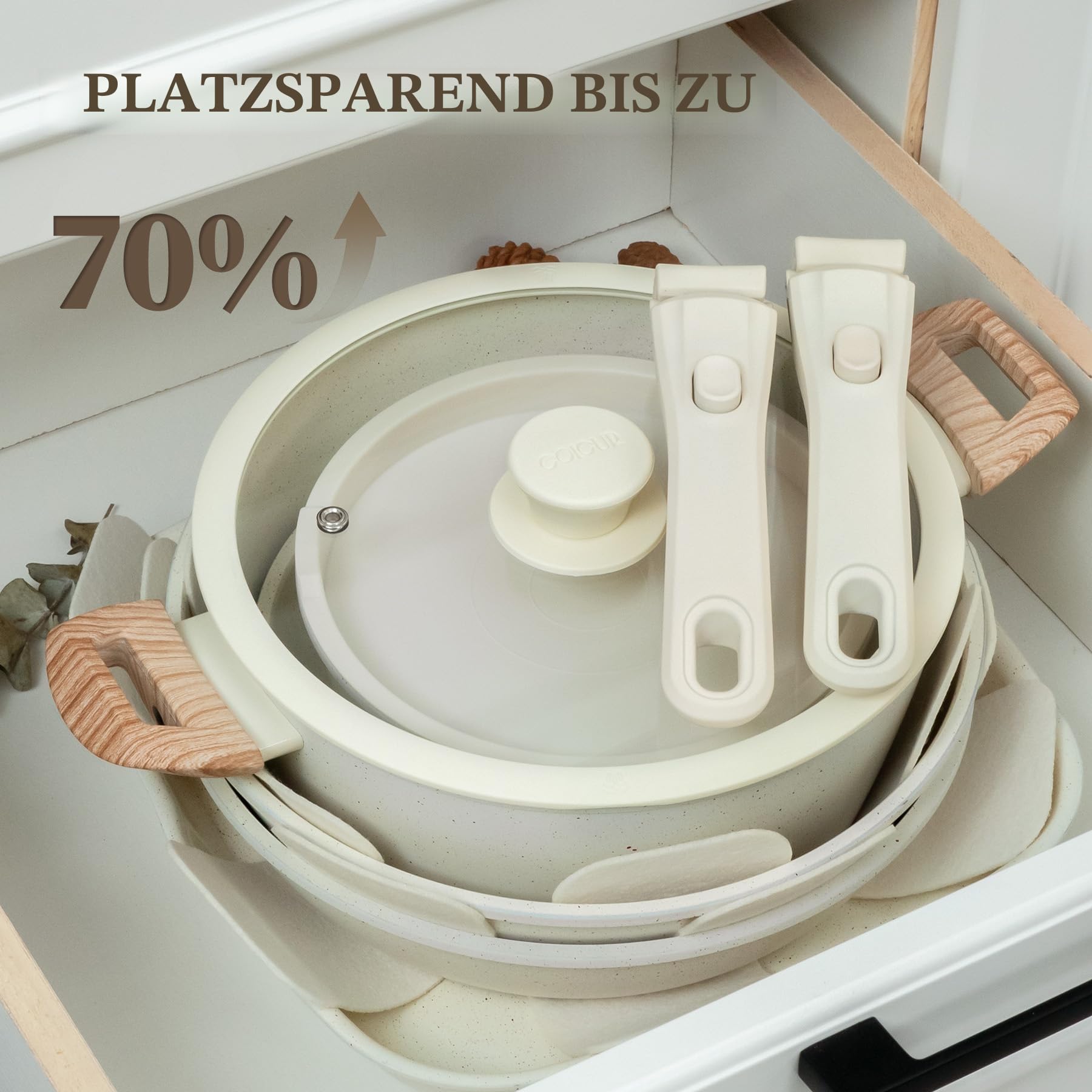 Keramik Topfsets Pfannenset 23 Teilig Antihaft Kochgeschirr mit Abnehmbarem Griff Stapelbar Topfset Für alle Herdarten, Bratpfanne 20/26cm, Milchtopf 18cm, Schmorpfanne 24cm Ofenfest Beige