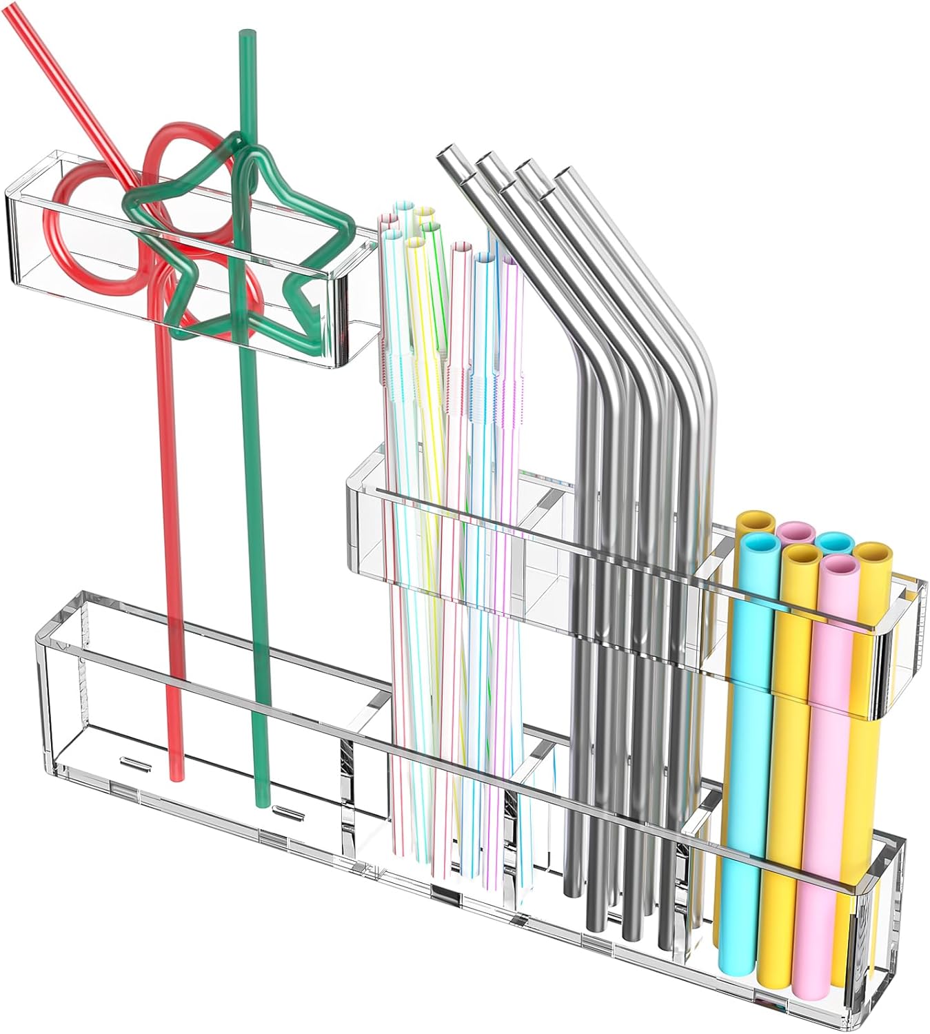 Acrylic Straw Organizer for Cabinet Door - 9.5'' Large Transparent Adjustable 3-Part Reusable Drinking Straw Holder Dispenser Kitchen Accessories Container Cupboard Door Mounted