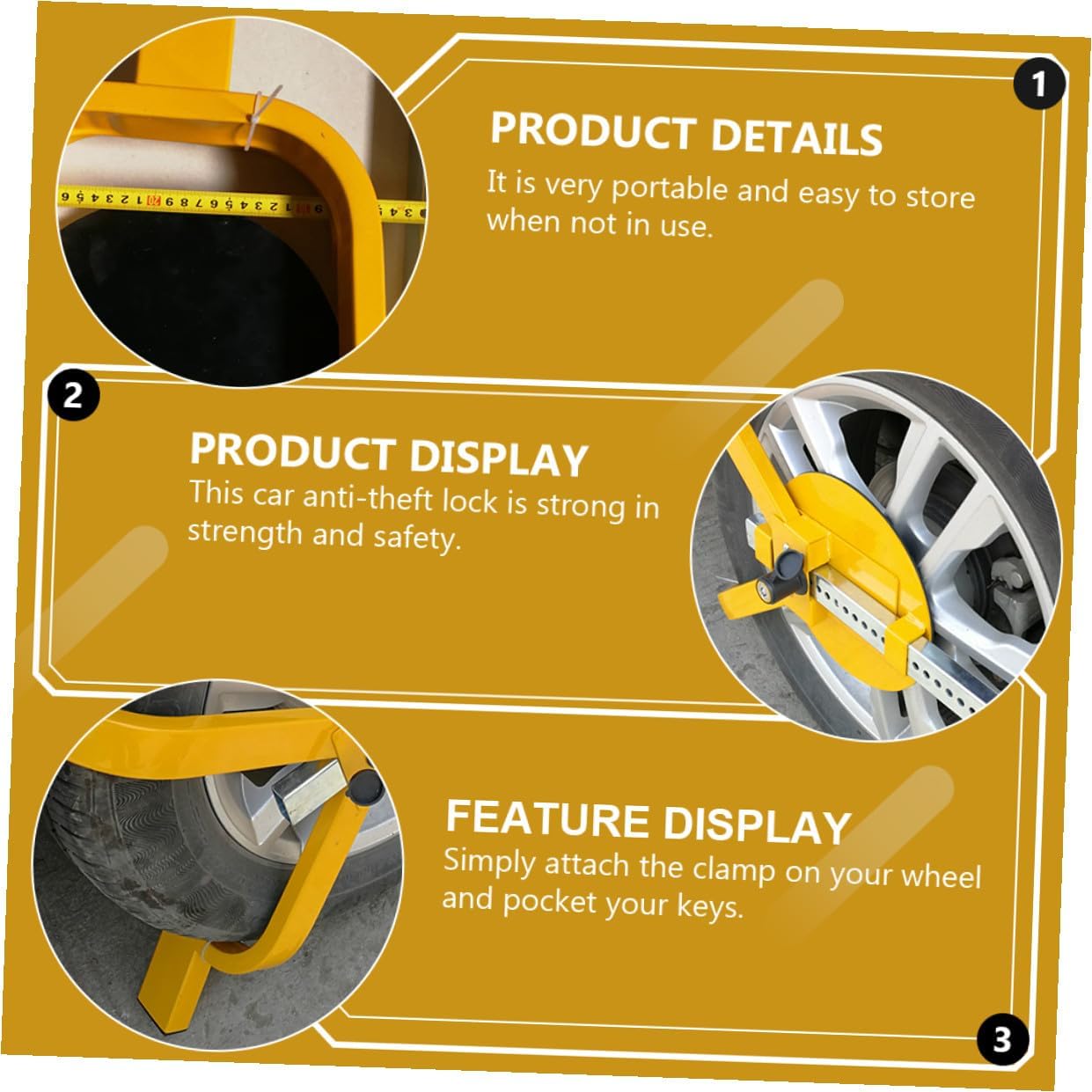Car Anti-Theft Wheel Lock Heavy-Duty Security Clamp Prevents Theft and Towing for Cars SUVs Yellow Portable Vehicle Safety Lock