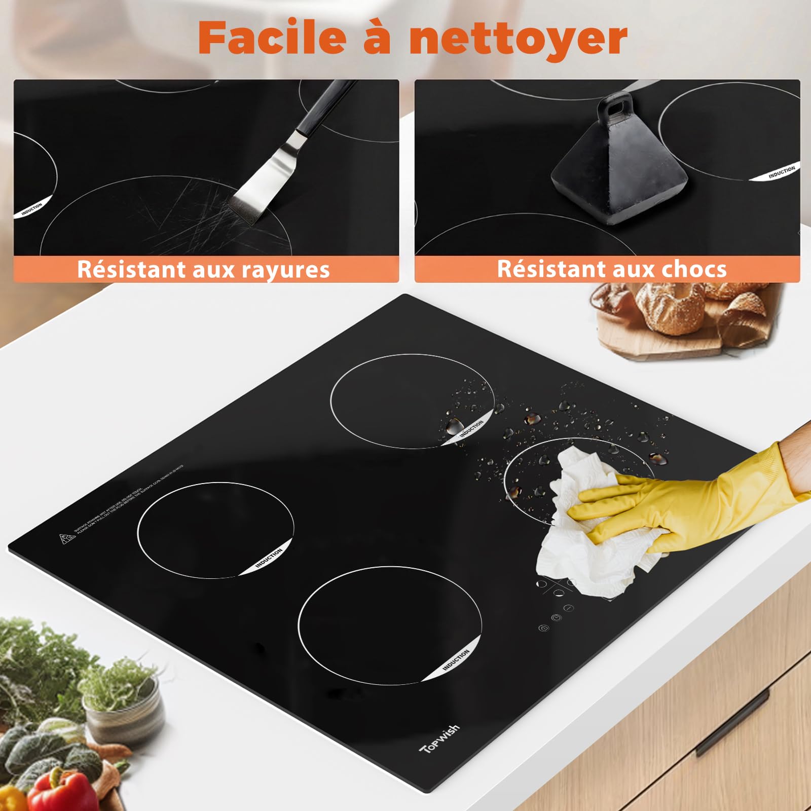 Topwish Plaque Induction 4 Feux, plaque de cuisson à Induction, Plaque de Cuisson Induction 60cm,con 9 Niveaux, Boost, voyant de surface chaude, protection d'extinction, verrou de sécurité, 7200W
