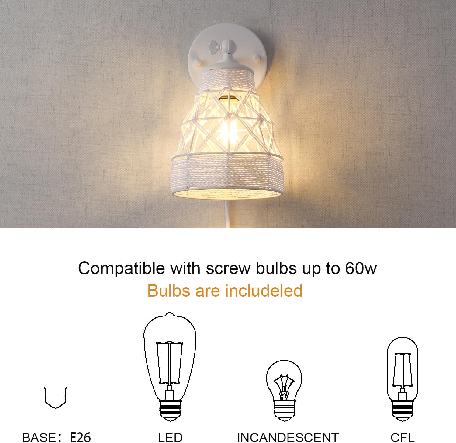 Dijiahua Rattan White Boho Wall Sconces 2 Pack,Farmhouse Plug in Wall Lights Fixture with Dimmable Switch, 1-Light Hand Woven Wall Mounted Bedside Lamps with Adjustable Cord for Bedroom