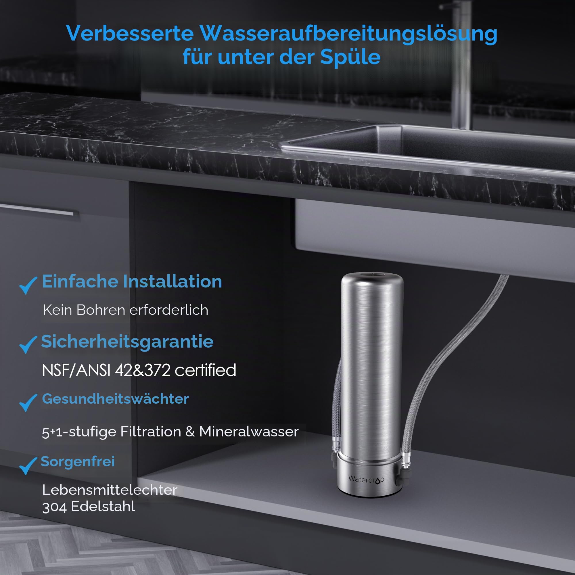 Waterdrop AS13 Untertisch Wasserfiltersystem 30.000 Liter, NSF/ANSI 42 Zertifiziert, 5+1 Stufe Edelstahl Unter Waschbecken Wasserfilter Trinkwasser, Reduzieren Blei, Chlor, Schlechten Geschmack