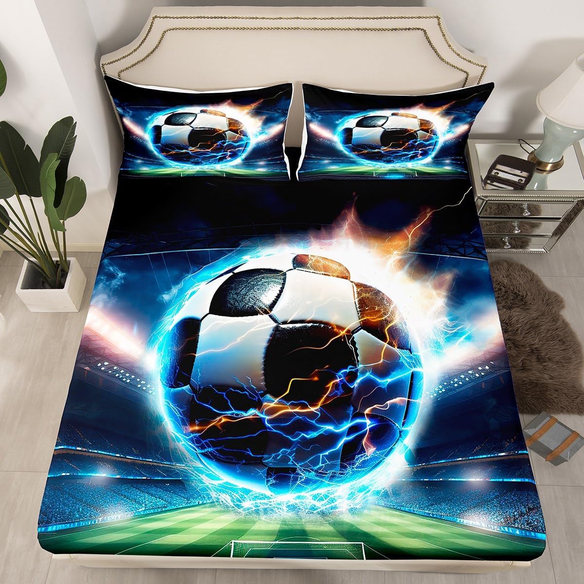 Feelyou Kids Boys Girls Black Blue Football Bed Sheet Set Twin, Sports Gaming Fitted Sheet Soccer Ball Game Bedding Set for Teens Football Gift Bed Cover (1 Pillow Case and a Fitted Sheet)